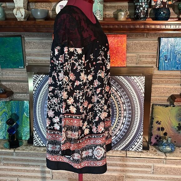 Gorgeous Black Floral and Paisley Printed Dress Lace Inset Long Sleeve NWOT MED - Picture 4 of 12